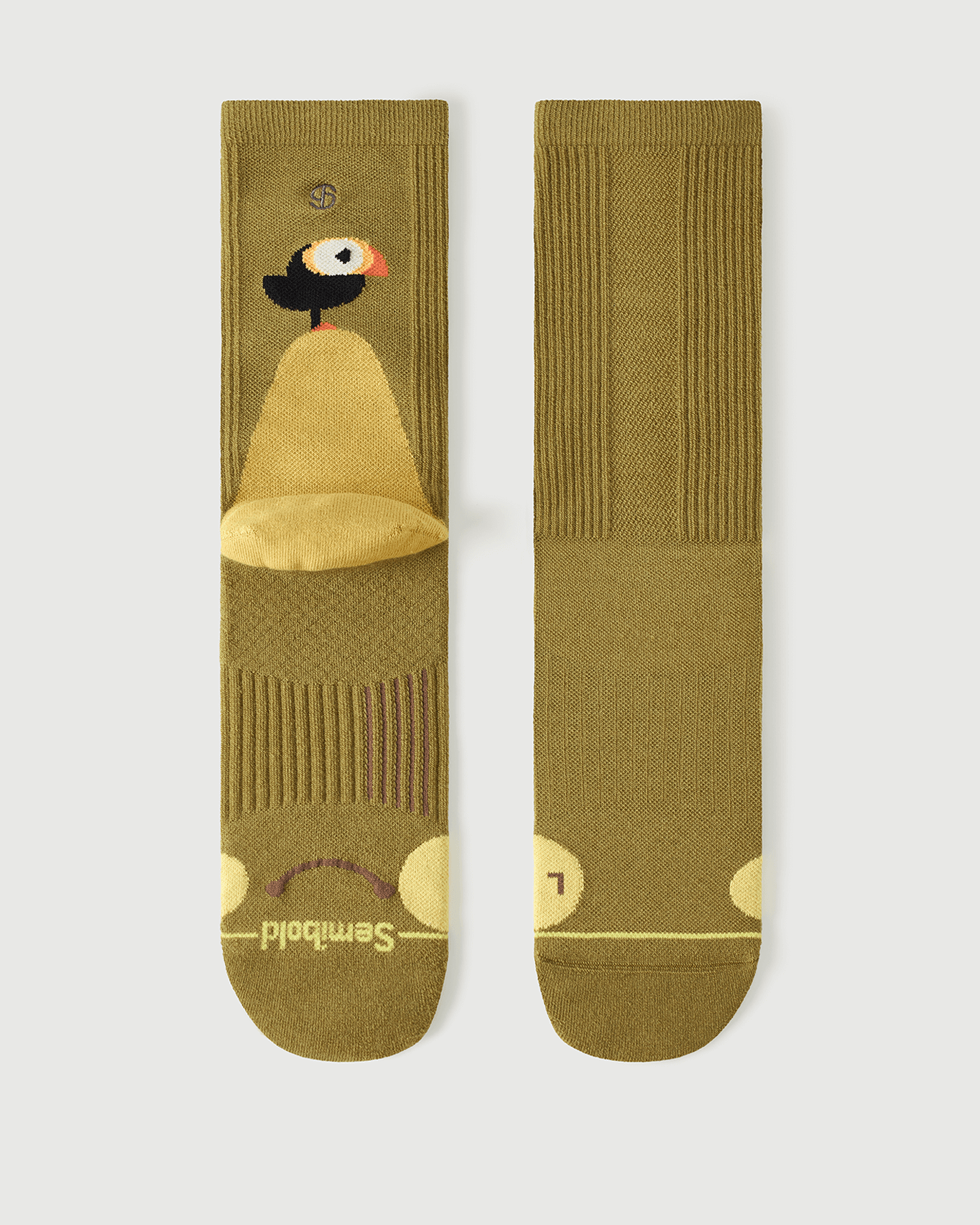 Flat lay of Semibold Royal Puffin yellow Merino wool socks, front and back view.