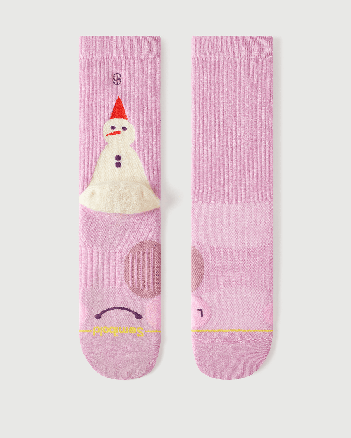 Flat lay of Semibold Sakura Snowman dusty pink Merino wool socks, front and back view.