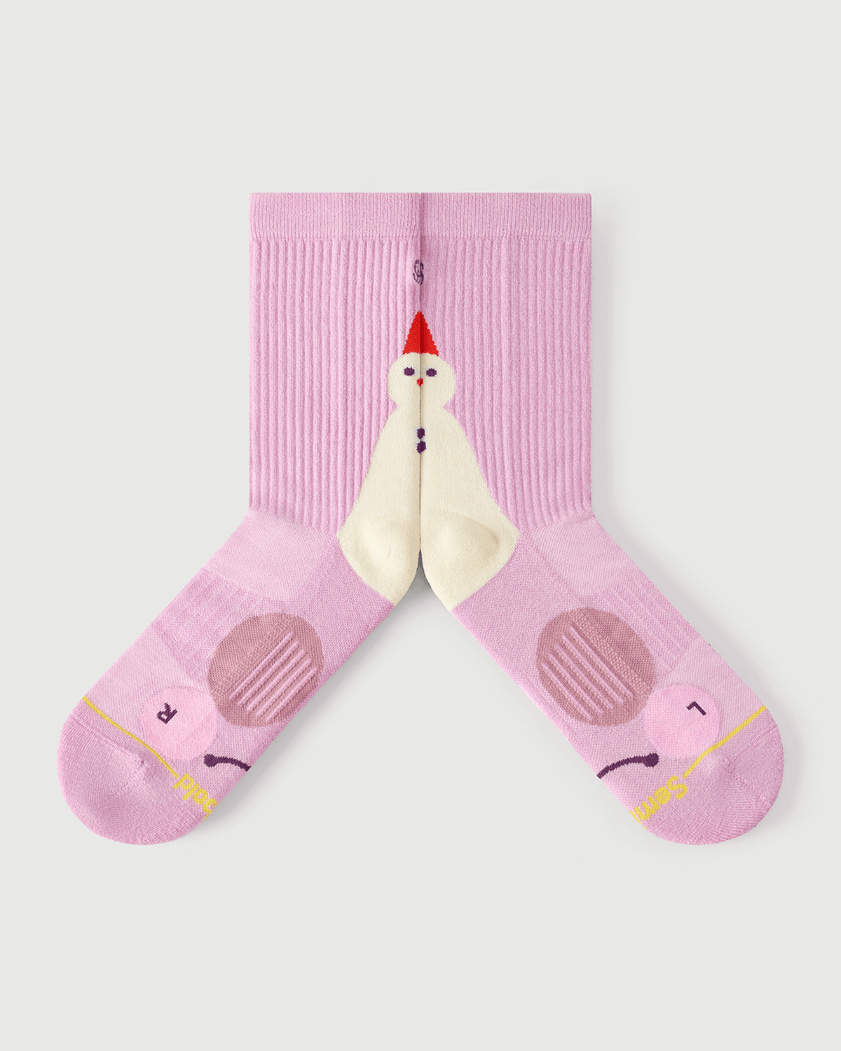 Detailed flat lay of pink Sakura Snowman socks showcasing the inner arch support structure.