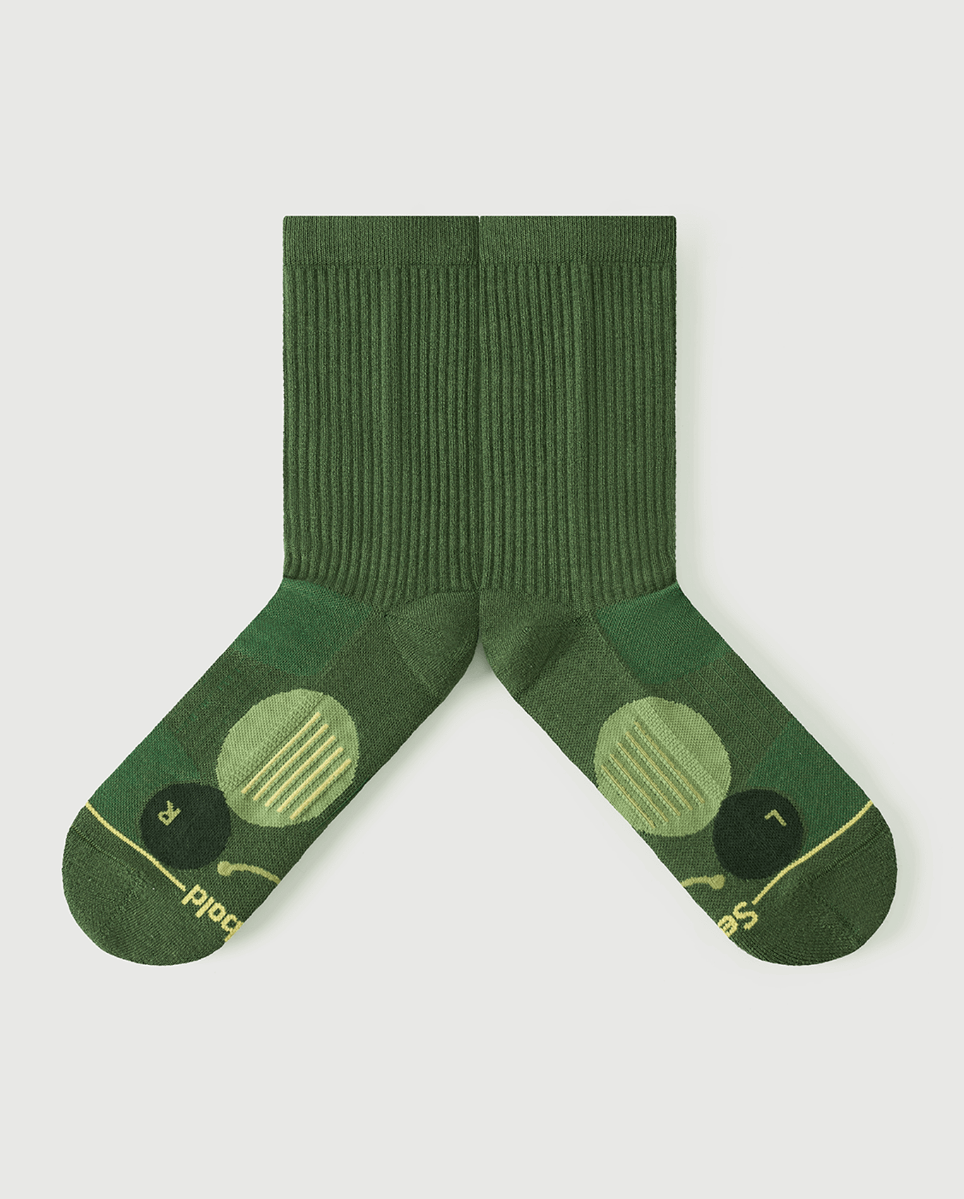 Flat lay detail of Starry Pine socks focusing on the inner arch spine and medical-grade arch support for reduced foot fatigue.