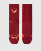 Flat lay of Semibold Devoted Fox red Merino wool socks showing front and back views.
