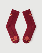 Flat lay of the lateral side of red Devoted Fox socks, showing the outer toe cushion detail.