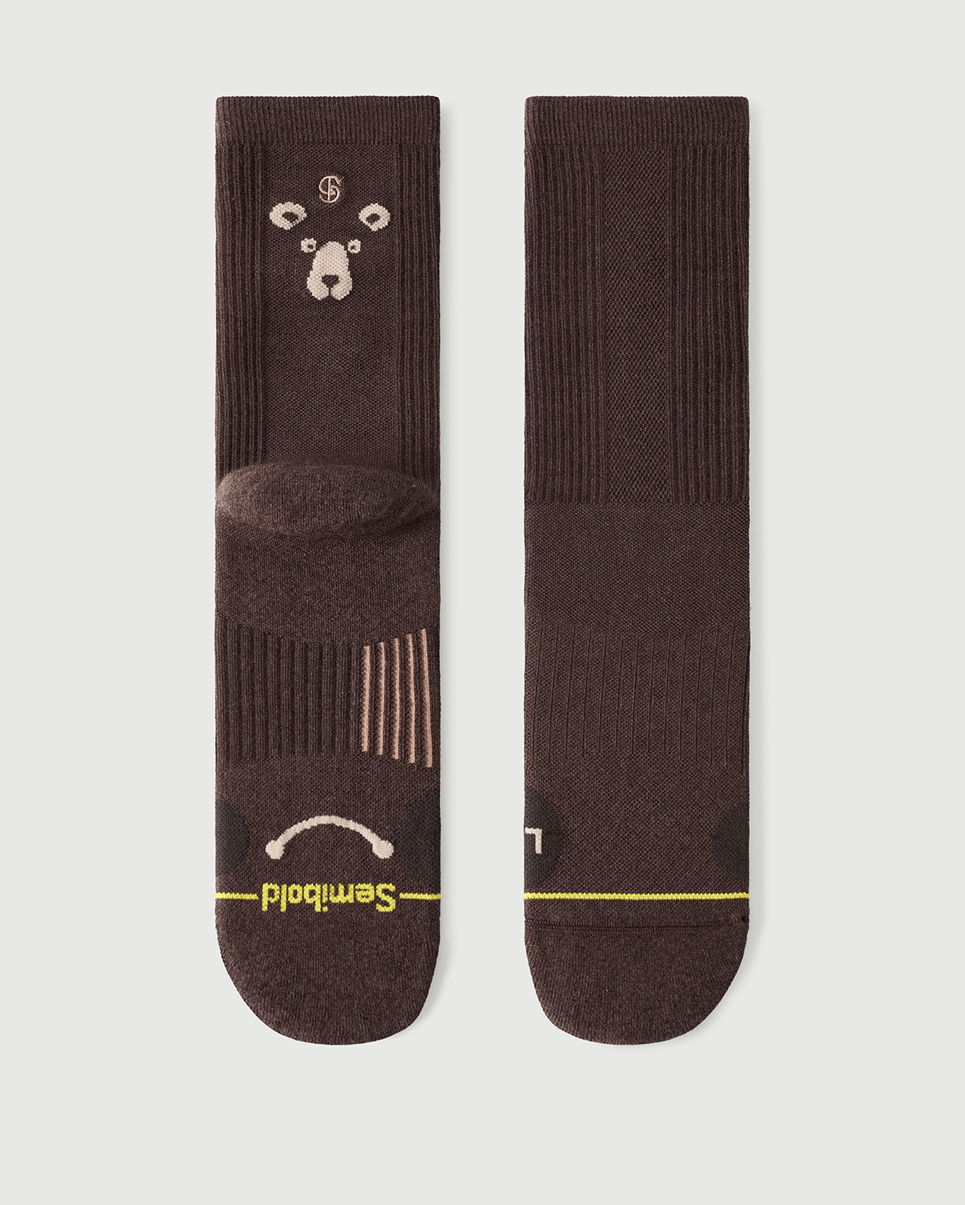 A pair of Semibold Humble Bear brown Merino wool socks displayed flat showing front and back views.