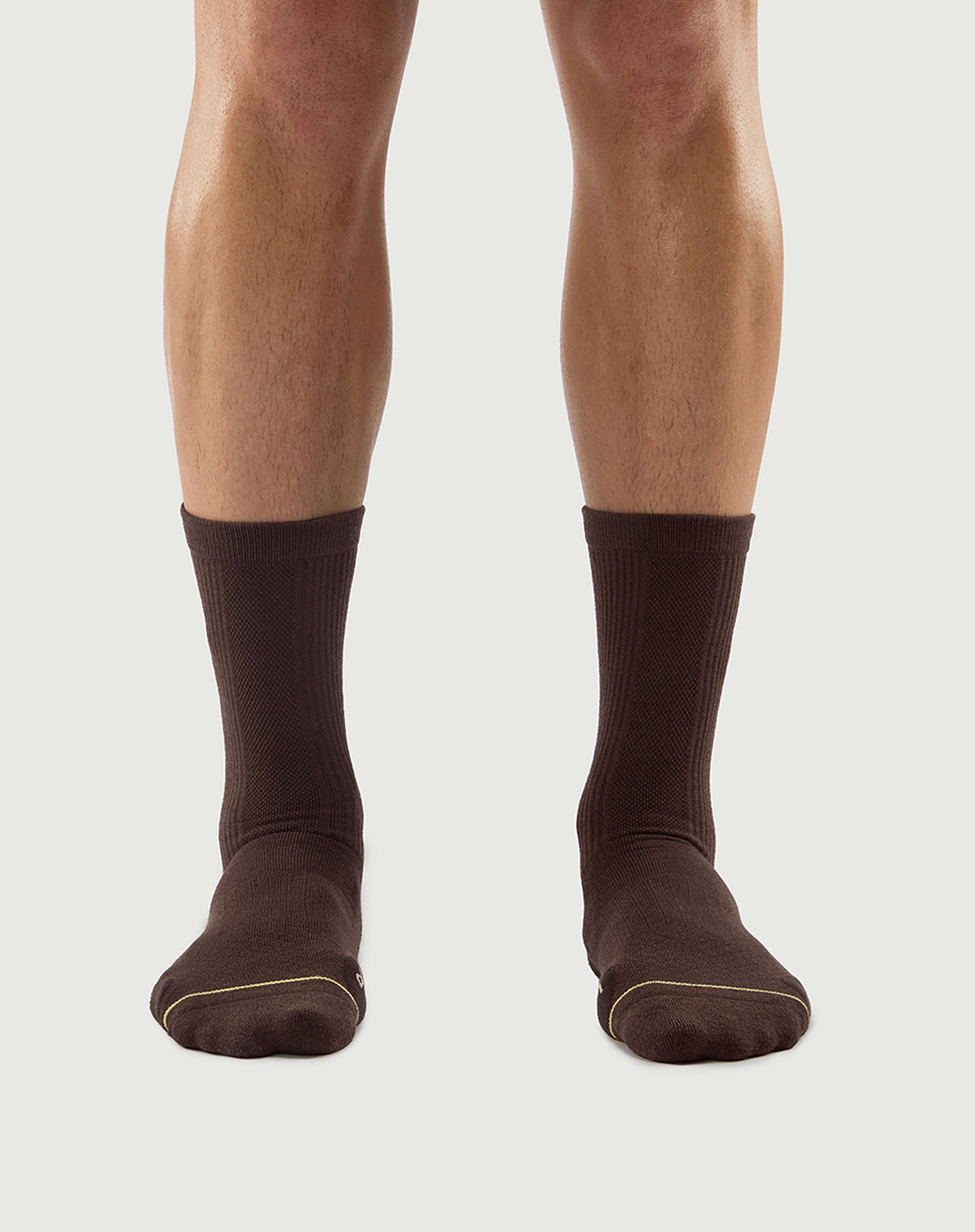 Front view of a model wearing brown Humble Bear Merino wool socks with a comfortable ribbed design.