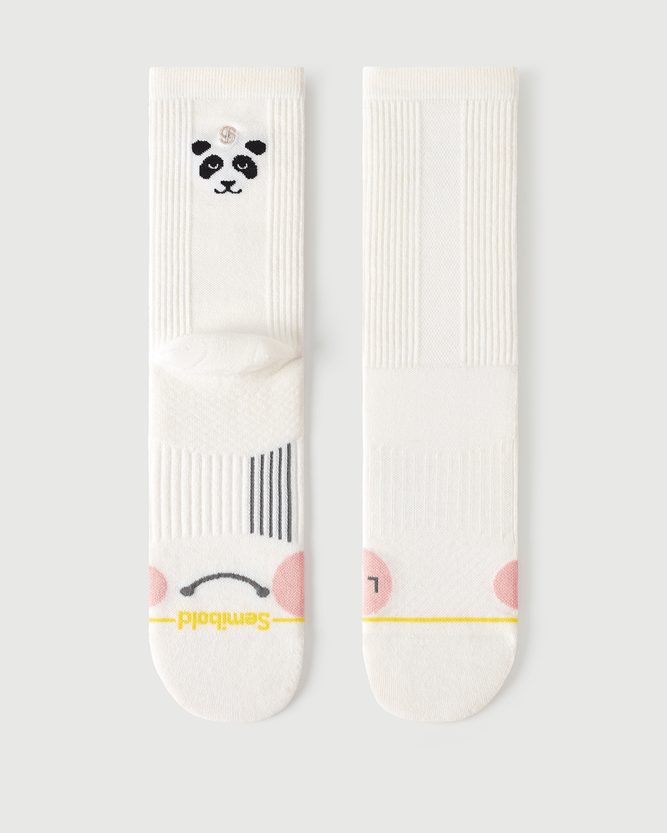 Flat lay of Semibold Naughty Panda white Merino wool socks showing front and back views.