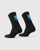 Black Regal Tiger socks on a foot form, highlighting the rear blue tiger graphic and side profile.