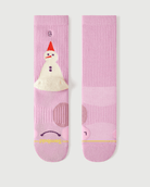 Flat lay of Semibold Sakura Snowman dusty pink Merino wool socks, front and back view.