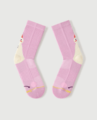 Flat lay view of the lateral side of pink Sakura Snowman Merino wool crew socks.