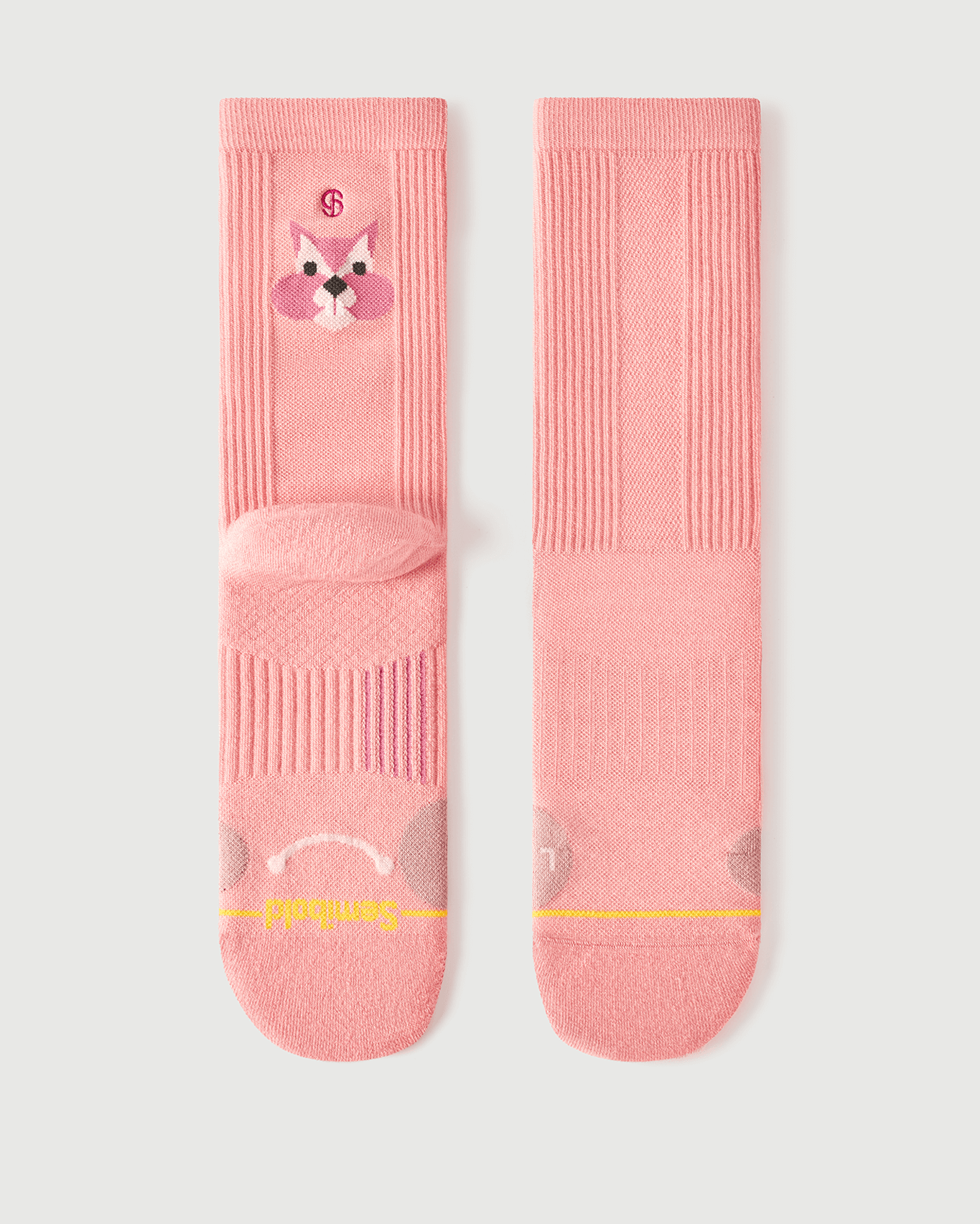 Flat lay of Semibold Savoring Squirrel peach Merino socks showing front and back views.