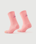 Peach Savoring Squirrel socks on a foot form, displaying the squirrel pattern and side profile.