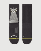 Flat lay of Semibold Scrubby Raccoon grey and black Merino socks, front and back view.