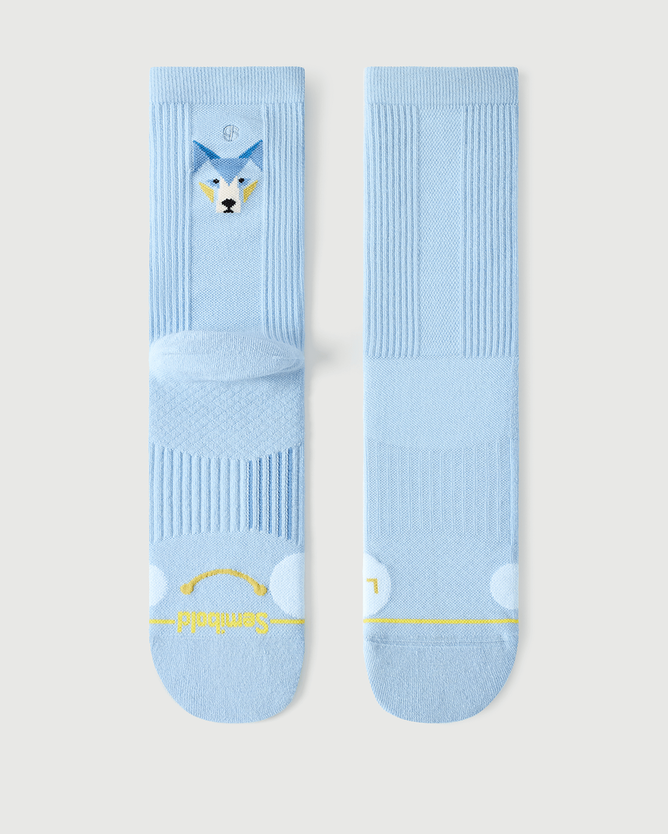 A pair of Semibold Silent Wold Blue Merino wool socks displayed flat showing front and back views.
