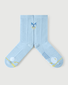 Flat lay view of light blue Silent Wolf socks focusing on the inner medial arch support construction.